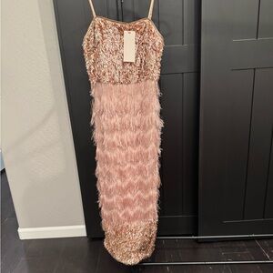 Ciebon Gold and Cream fringe mesh column midi dress. Back zipper